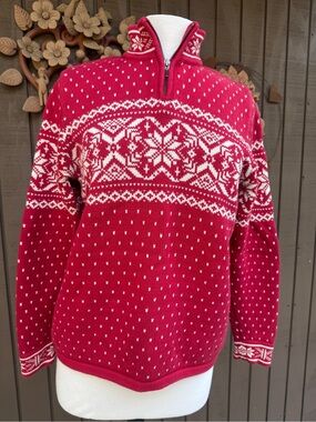 Lands' End Cotton Red and White Nordic Half-Zip Pullover